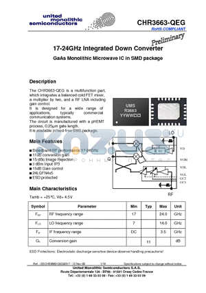 CHR3663-QEG datasheet - 17-24GHz Integrated Down Converter GaAs Monolithic Microwave IC in SMD package