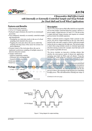 A1174 datasheet - Ultrasensitive Hall Effect Latch with Internally or Externally Controlled Sample and Sleep Periods for Track Ball and Scroll Wheel Applications