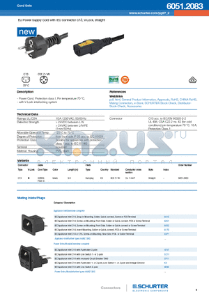 DF11 datasheet - EU Power Supply Cord with IEC Connector C13, V-Lock, straight