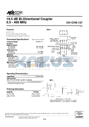 CHS-137PIN datasheet - 19.5 dB Bi-Directional Coupler 0.5 - 400 MHz