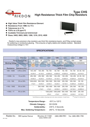 CHS1210 datasheet - High Resistance Thick Film chip Resistors