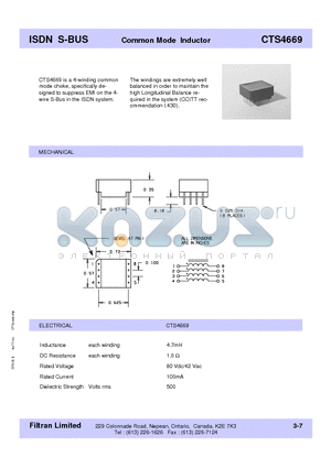 CTS4669 datasheet - ISDN S-BUS Common Mode Inductor