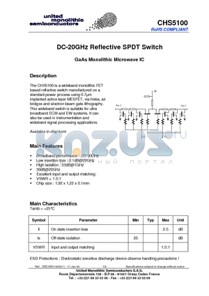 CHS5100 datasheet - DC-20GHz Reflective SPDT Switch