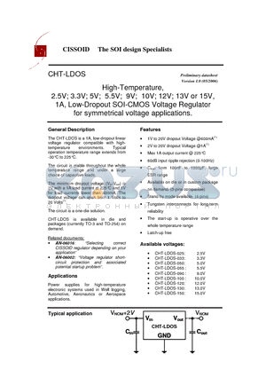 CHT-LDOS datasheet - High-Temperature, 2.5V; 3.3V; 5V; 5.5V; 9V; 10V; 12V; 13V or 15V, 1A, Low-Dropout SOI-CMOS Voltage Regulator for symmetrical voltage applications.