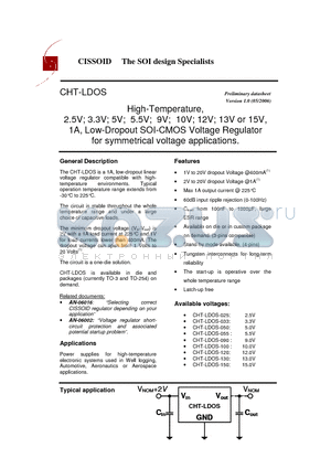 CHT-LDOS-100 datasheet - High-Temperature, 2.5V; 3.3V; 5V; 5.5V; 9V; 10V; 12V; 13V or 15V, 1A, Low-Dropout SOI-CMOS Voltage Regulator for symmetrical voltage applications.