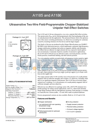 A1185EUA-T datasheet - Ultrasensitive Two-Wire Field-Programmable Chopper-Stabilized Unipolar Hall-Effect Switches