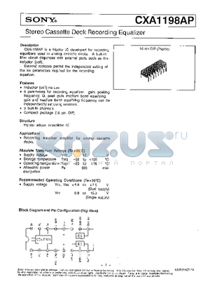 A1198 datasheet - STEREO CASSETTE DECK RECORDING EQUALIZER
