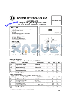CHT3946UPNPT datasheet - SURFACE MOUNT Complementary Small Signal Transistor (VOLTAGE 40 Volts CURRENT 0.2 Ampere)