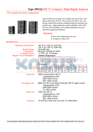 381LQ103M050A022 datasheet - 105 C Compact, High-Ripple Snap-in