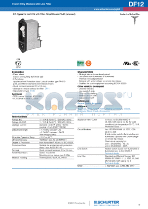 DF12 datasheet - IEC Appliance Inlet C14 with Filter, Circuit Breaker TA45 (recessed)