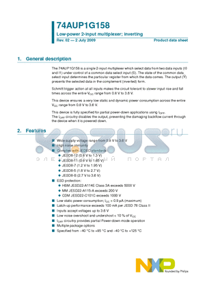 74AUP1G158 datasheet - Low-power 2-input multiplexer; inverting