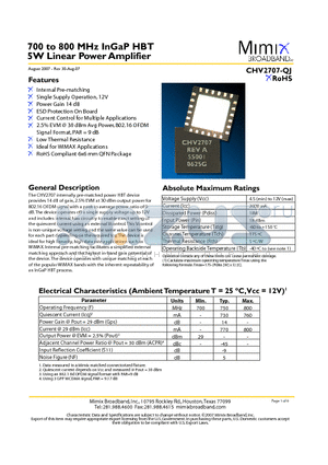 CHV2707-QJ-0G0T datasheet - 700 to 800 MHz InGaP HBT 5W Linear Power Amplifier