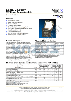 CHV2710-QJ-0GA0 datasheet - 2.5 GHz InGaP HBT 5W Linear Power Amplifier