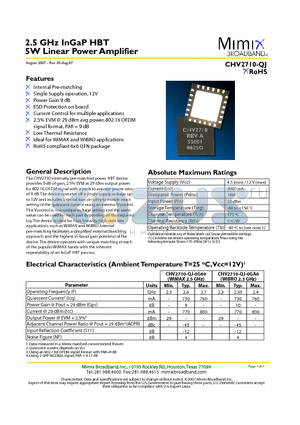 CHV2710-QJ-0GA0 datasheet - 2.5 GHz InGaP HBT 5W Linear Power Amplifier