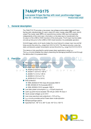 74AUP1G175 datasheet - Low-power D-type flip-flop with reset; positive-edge trigger