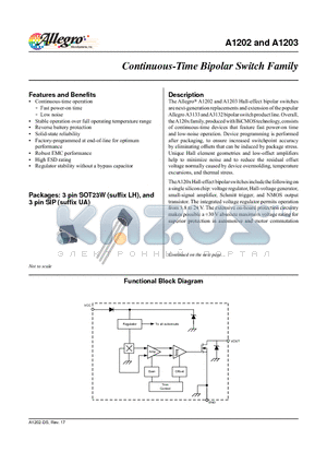 A1202_12 datasheet - The Allegro A1202 and A1203 Hall-effect bipolar switches are next-generation replacements and extension of the popular Allegro A3133 and A3132 bipolar switch product line.