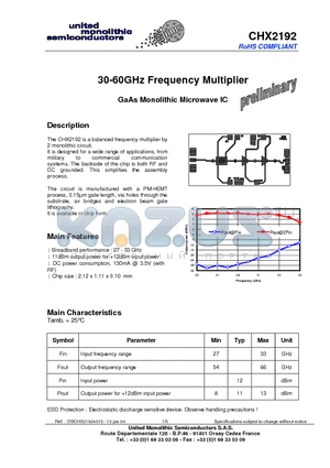 CHX2192 datasheet - 30-60GHz Frequency Multiplier