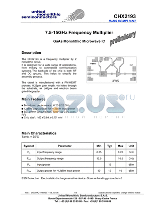CHX2193 datasheet - 7.5-15GHz Frequency Multiplier
