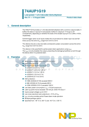 74AUP1G19 datasheet - Low-power 1-of-2 decoder/demultiplexer