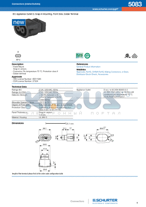 5083 datasheet - IEC Appliance Outlet D, Snap-in Mounting, Front Side, Solder Terminal