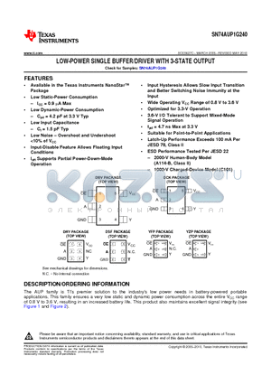 74AUP1G240DBVRE4 datasheet - LOW-POWER SINGLE BUFFER/DRIVER WITH 3-STATE OUTPUT