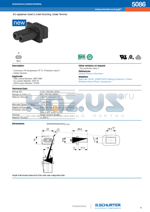 5086 datasheet - IEC Appliance Outlet D, insert Mounting, Solder Terminal