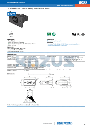 5088 datasheet - IEC Appliance Outlet D, Screw-on Mounting, Front Side, Solder Terminal