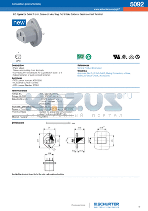 5092 datasheet - IEC Appliance Outlet F or H, Screw-on Mounting, Front Side, Solder or Quick-connect Terminal