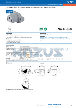 5091-H-ABC0-D-E datasheet - IEC Appliance Outlet F or H, Screw-on Mounting, Front Side, Solder, PCB or Quick-connect Terminal