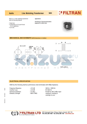 5093 datasheet - Audio Line Matching Transformer