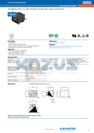 5093 datasheet - IEC Appliance Outlet F or H, Snap-in Mounting, Front Side, Solder or Quick-connect Terminal