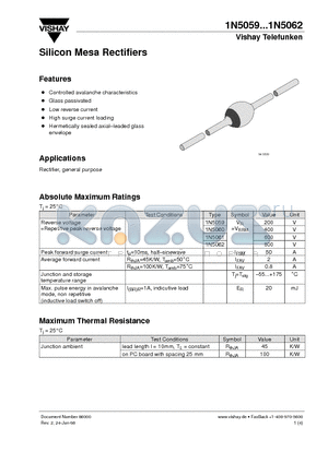 1N5059 datasheet - Silicon Mesa Rectifiers