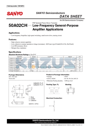 50A02CH-TL-H datasheet - Low-Frequency General-Purpose Amplifi er Applications