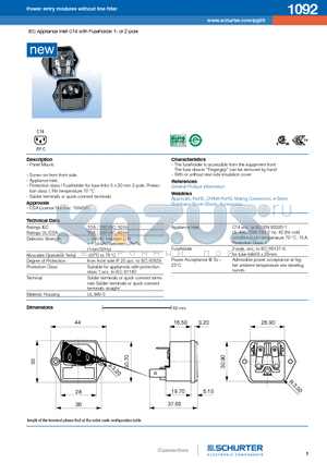 1092-H-ABCN-D-EGO datasheet - IEC Appliance Inlet C14 with Fuseholder 1- or 2-pole