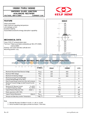 1N5062 datasheet - SINTERED GLASS JUNCTION AVALANCHE RECTIFIER VOLTAGE600V to 800V CURRENT: 2.0A