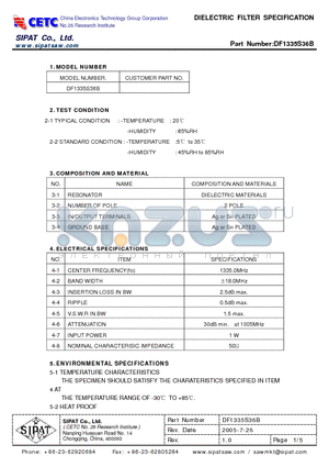 DF1335S36B datasheet - DIELECTRIC FILTER SPECIFICATION