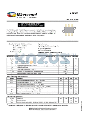 ARF300 datasheet - RF POWER MOSFET N-CHANNEL ENHANCEMENT MODE