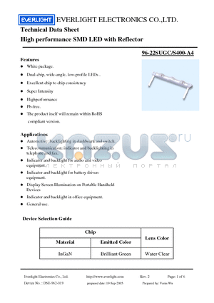 96-22SUGC/S400-A4 datasheet - High performance SMD LED with Reflector