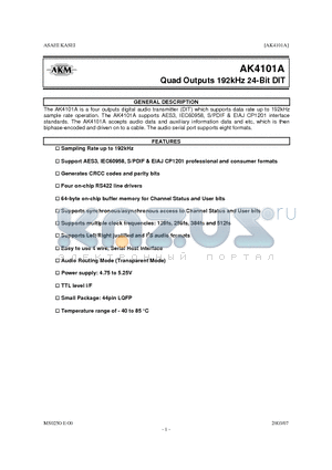 AK4101A datasheet - QUAD OUTPUTS 192KHZ 24 BIT DIT