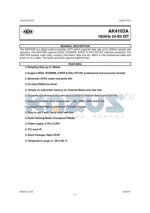 AK4103A datasheet - 192 KHZ 24 BIT DIT