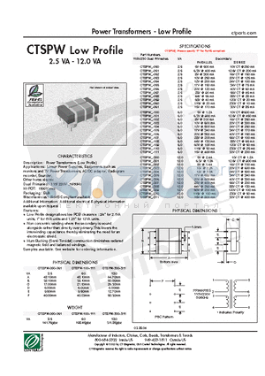 CTSPW-100 datasheet - Power Transformers - Low Profile