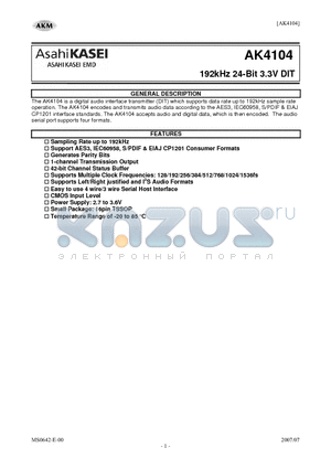 AK4104 datasheet - 192kHz 24-Bit 3.3V DIT