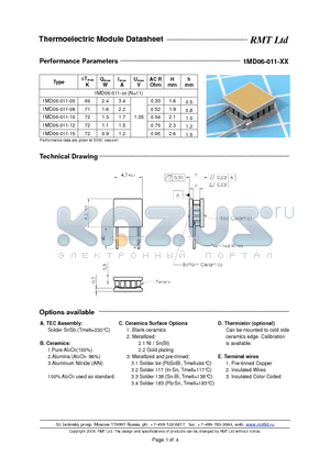 1MD06011 datasheet - 1MD03 thermoelectric coolers are specially developed for cooled TOSA applications with strict operating current limits and low power consumption.