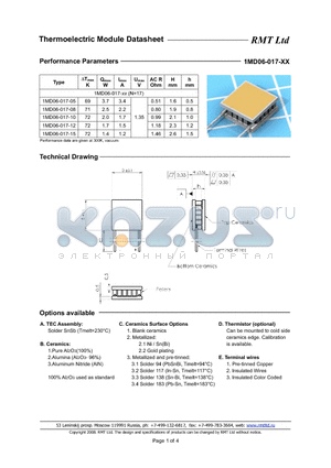 1MD06017 datasheet - 1MD03 thermoelectric coolers are specially developed for cooled TOSA applications with strict operating current limits and low power consumption.