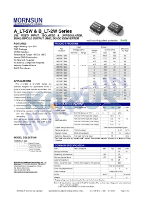 A1212LT-2W datasheet - DUAL/SINGLE OUTPUT, SMD, DC-DC CONVERTER