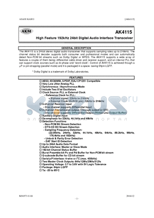 AK4115VQ datasheet - High Feature 192kHz 24bit Digital Audio Interface Transceiver