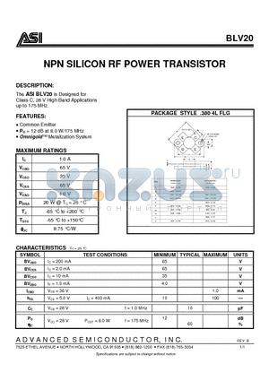 BLV20 datasheet - NPN SILICON RF POWER TRANSISTOR