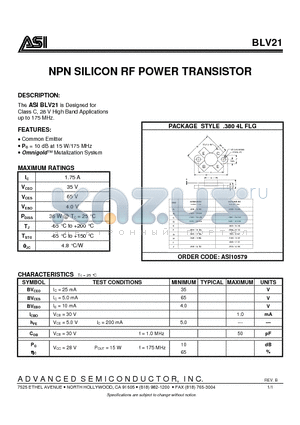 BLV21 datasheet - NPN SILICON RF POWER TRANSISTOR