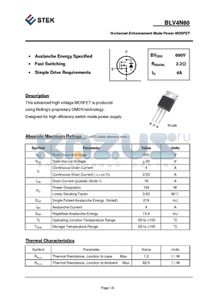 BLV4N60 datasheet - N-channel Enhancement Mode Power MOSFET