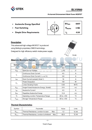 BLV5N60 datasheet - N-channel Enhancement Mode Power MOSFET